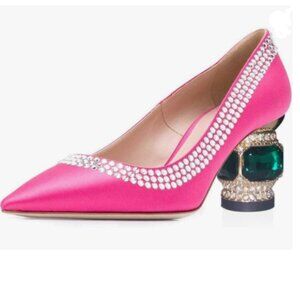 FSJ Fuchsia Satin Bridal Pointed Toe Low Heel Crystal Pump Slip on Wedding Shoes